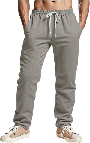 Mens Cotton Linen Pants Striped Elastic Waist Lightweight Casual Pant Relaxed Fit Beach Outfits Breathable with Pockets