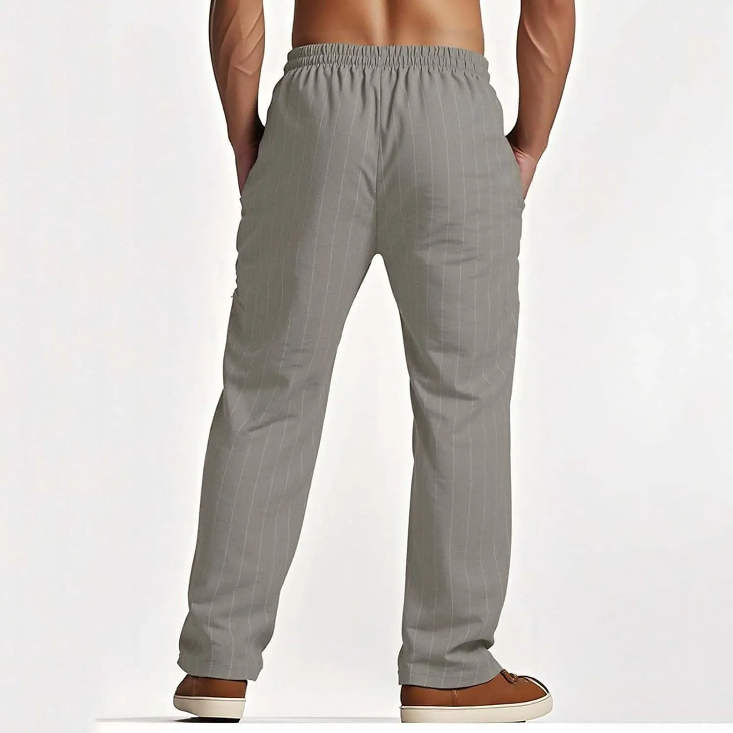 Mens Cotton Linen Pants Striped Elastic Waist Lightweight Casual Pant Relaxed Fit Beach Outfits Breathable with Pockets