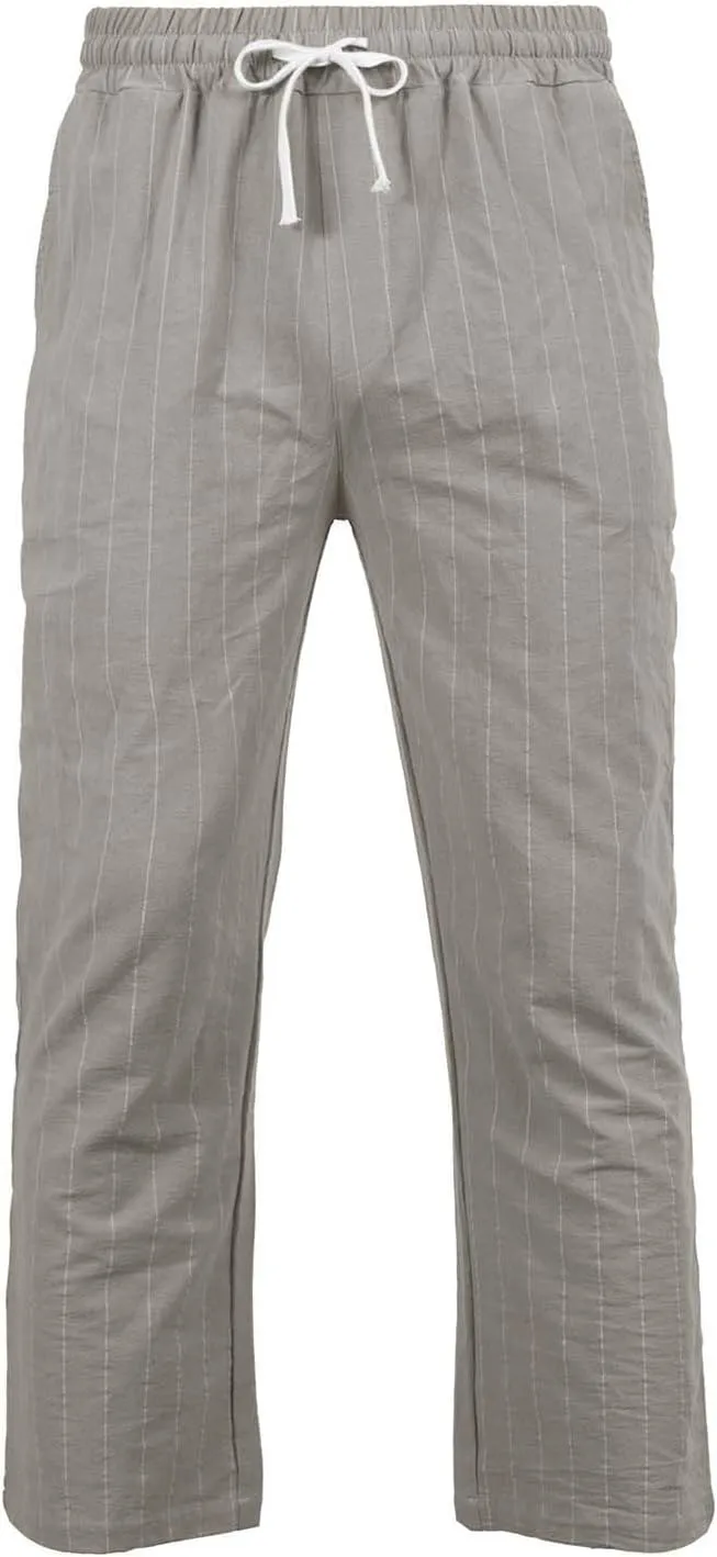 Mens Cotton Linen Pants Striped Elastic Waist Lightweight Casual Pant Relaxed Fit Beach Outfits Breathable with Pockets