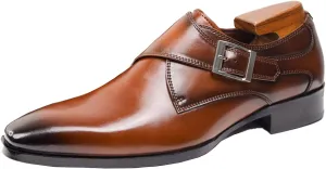 Men's Genuine Leather Monk Buckle Low Heel Dress Shoes Classic Square Toe Handmade with Buckle Slip-On Oxford Shoes for Business Office