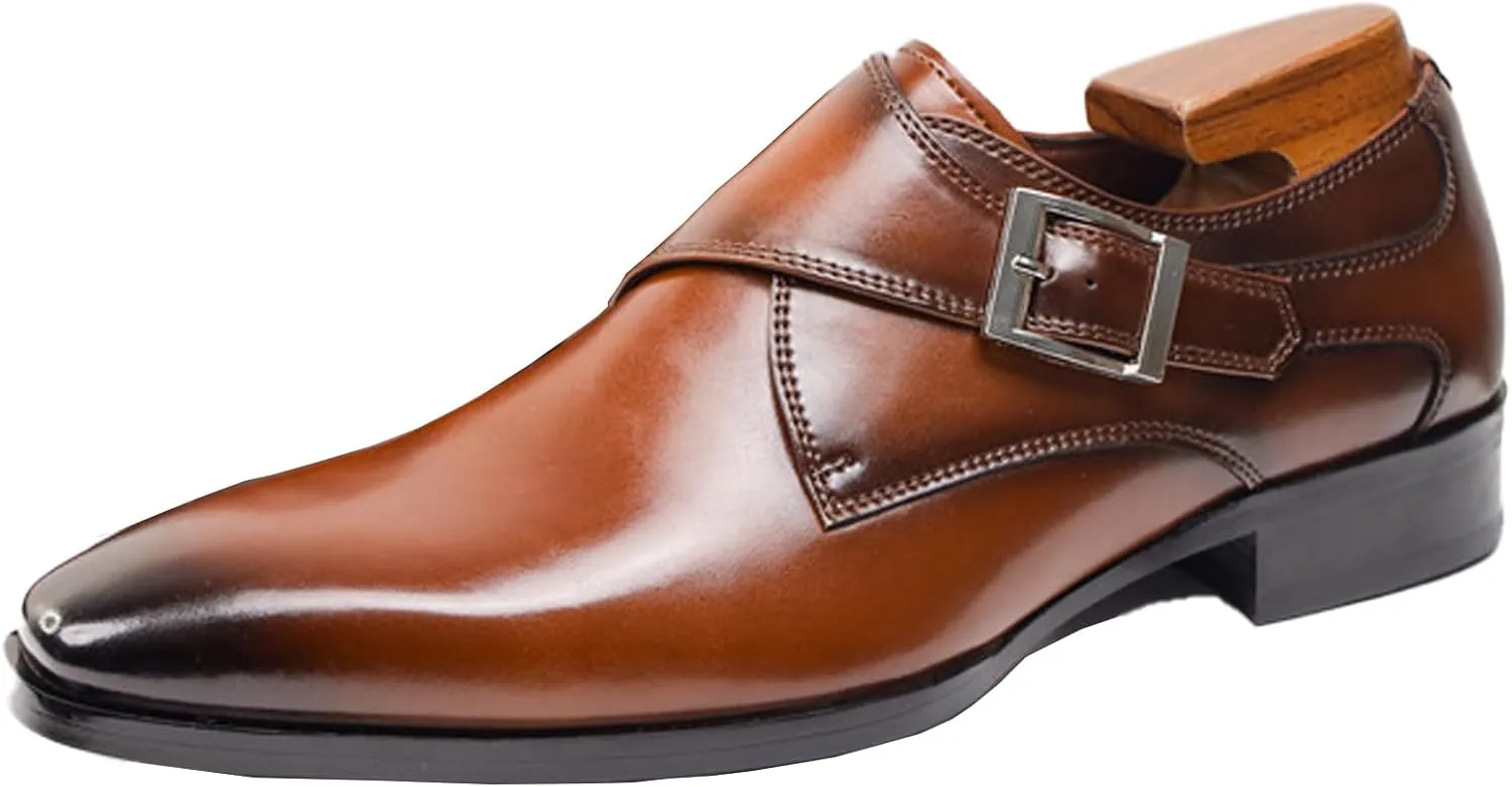 Men's Genuine Leather Monk Buckle Low Heel Dress Shoes Classic Square Toe Handmade with Buckle Slip-On Oxford Shoes for Business Office