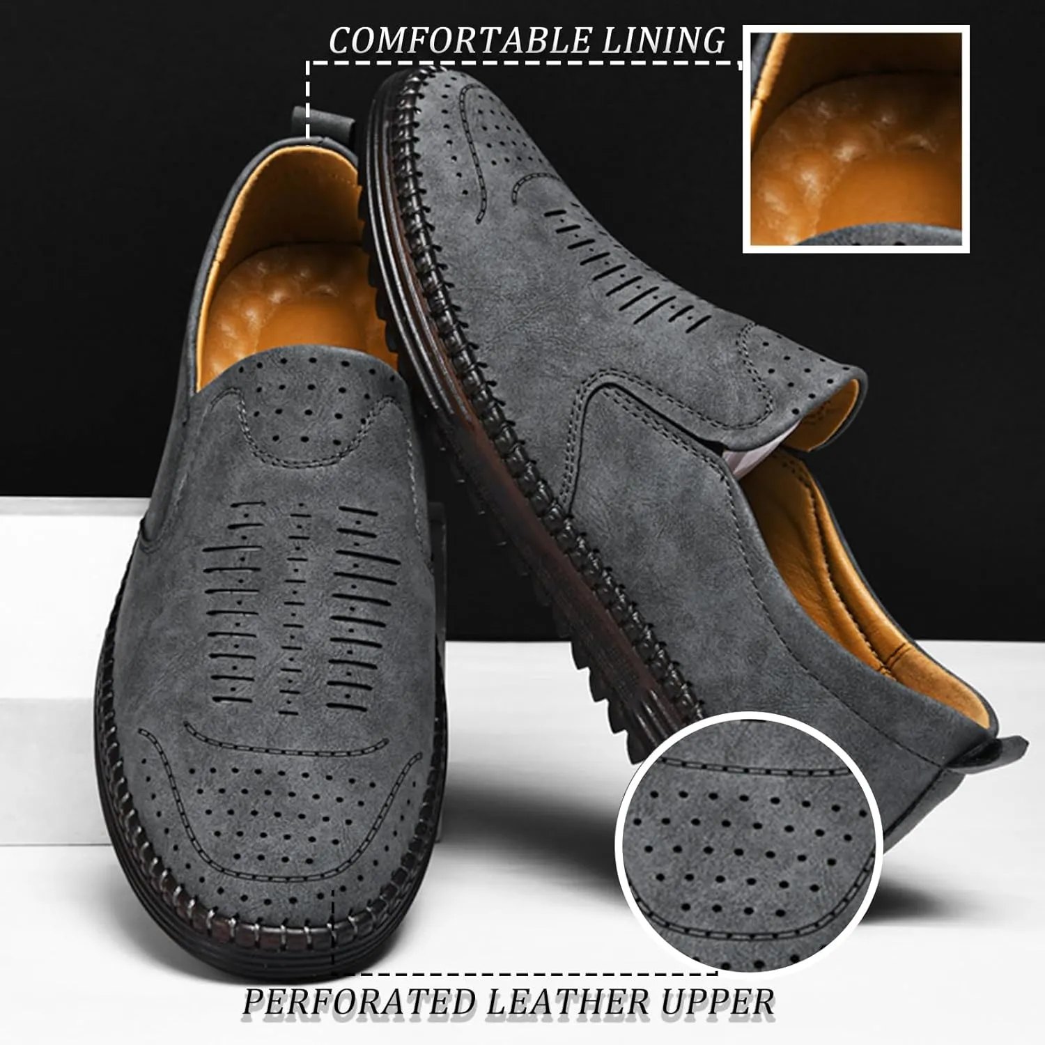 Men's Hand-Sewn Leather Flat Loafers Comfortable Cowhide Soles Non-Slip Slip-On Walking Shoes Summer Breathable Driving Shoes