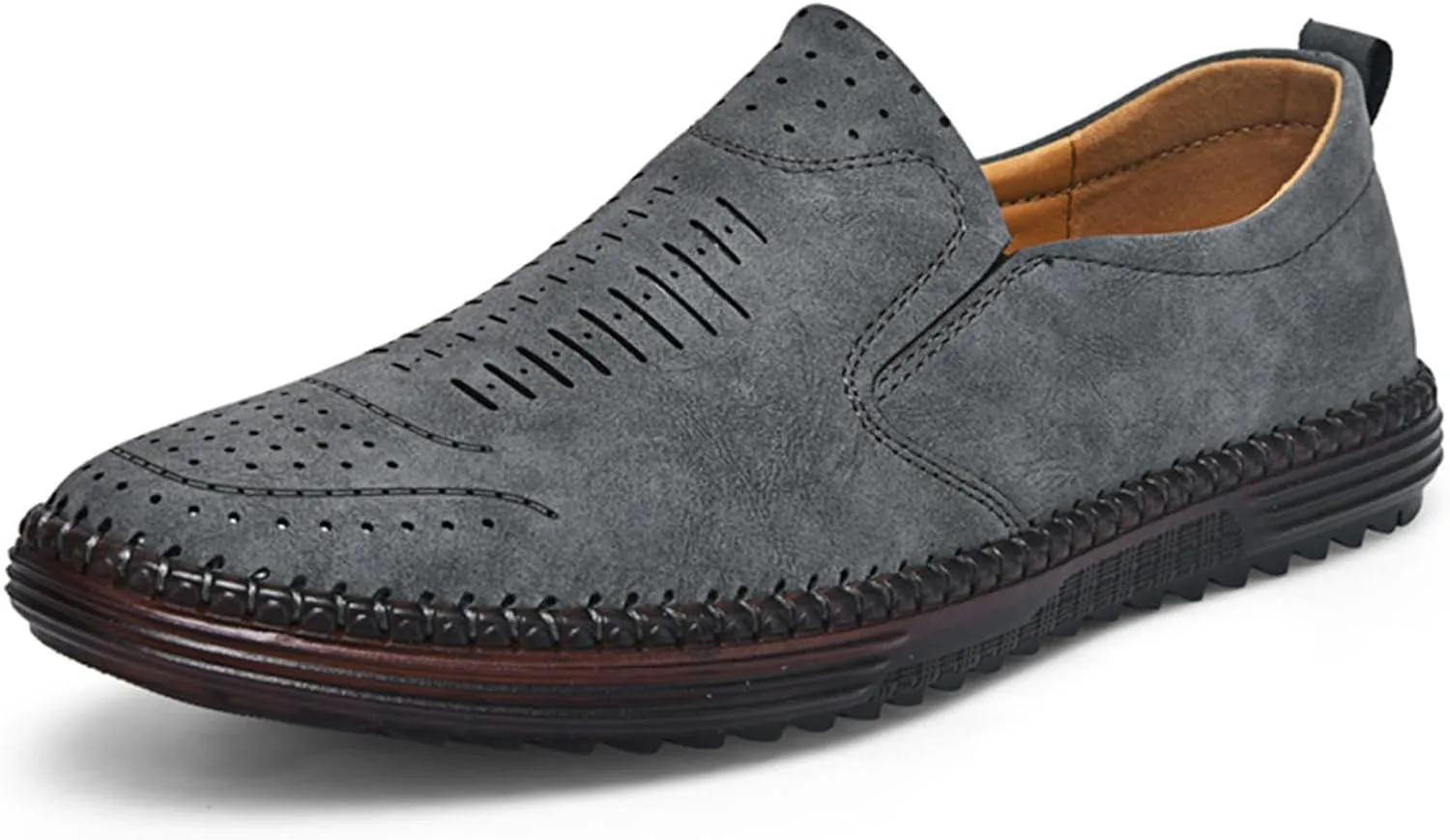 Men's Hand-Sewn Leather Flat Loafers Comfortable Cowhide Soles Non-Slip Slip-On Walking Shoes Summer Breathable Driving Shoes