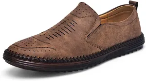 Men's Hand-Sewn Leather Flat Loafers Comfortable Cowhide Soles Non-Slip Slip-On Walking Shoes Summer Breathable Driving Shoes