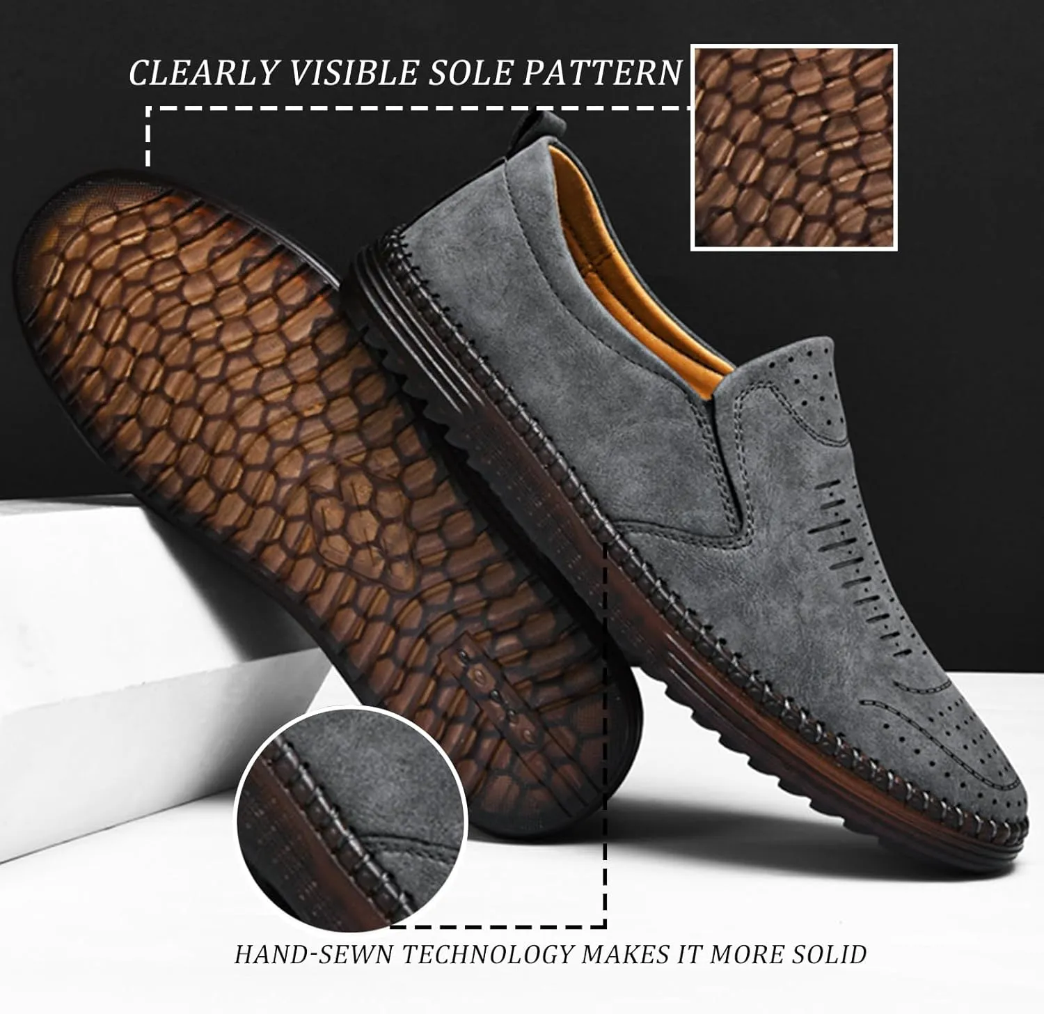 Men's Hand-Sewn Leather Flat Loafers Comfortable Cowhide Soles Non-Slip Slip-On Walking Shoes Summer Breathable Driving Shoes
