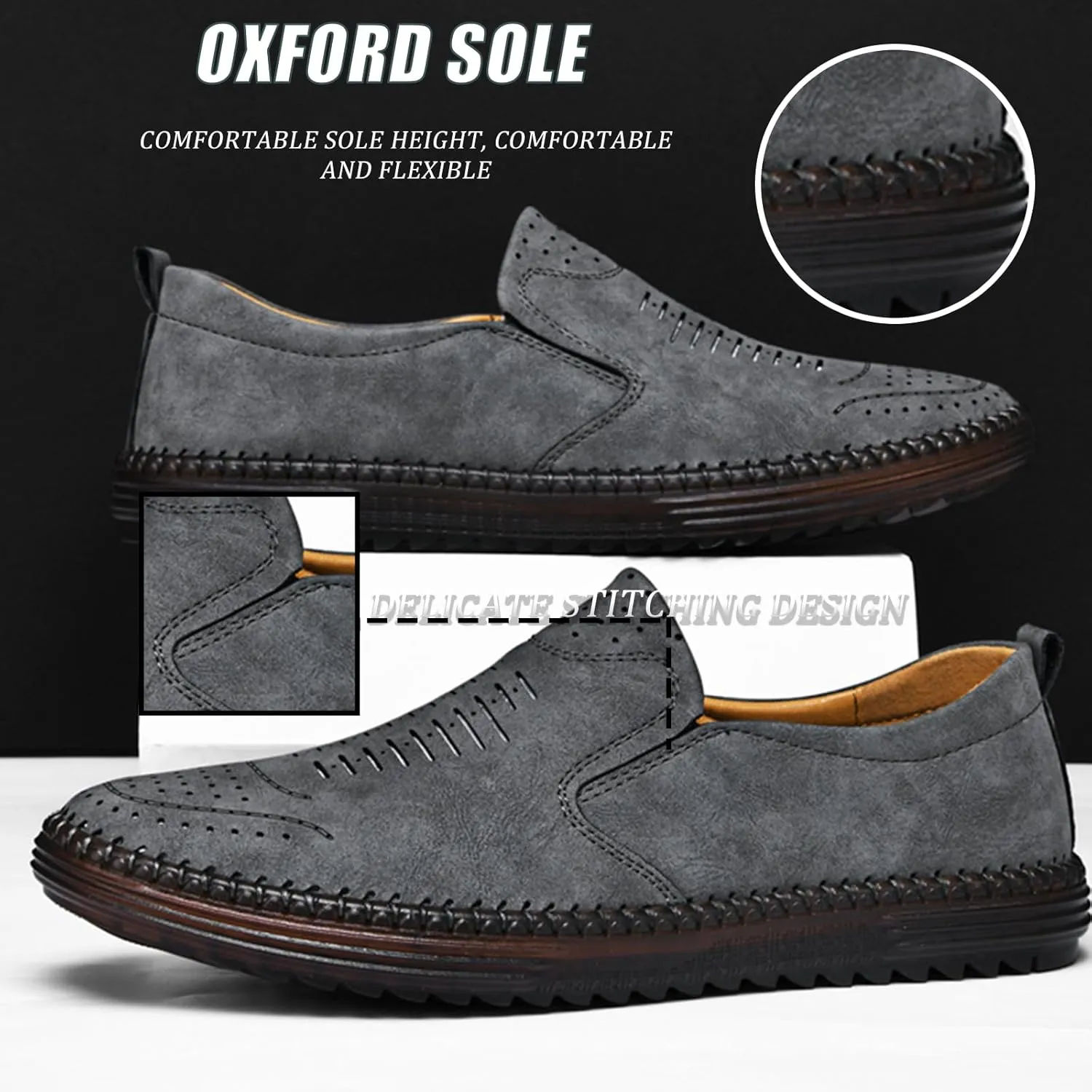 Men's Hand-Sewn Leather Flat Loafers Comfortable Cowhide Soles Non-Slip Slip-On Walking Shoes Summer Breathable Driving Shoes