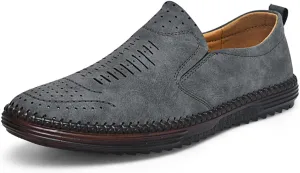 Men's Hand-Sewn Leather Flat Loafers Comfortable Cowhide Soles Non-Slip Slip-On Walking Shoes Summer Breathable Driving Shoes