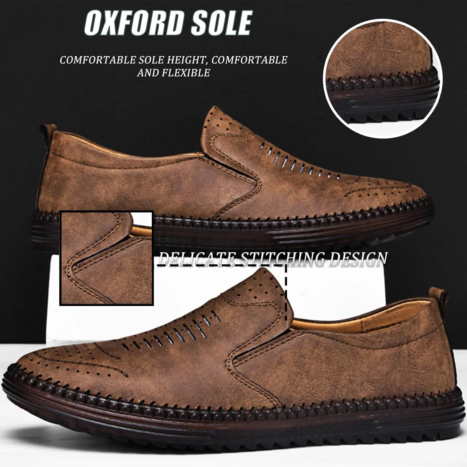 Men's Hand-Sewn Leather Flat Loafers Comfortable Cowhide Soles Non-Slip Slip-On Walking Shoes Summer Breathable Driving Shoes
