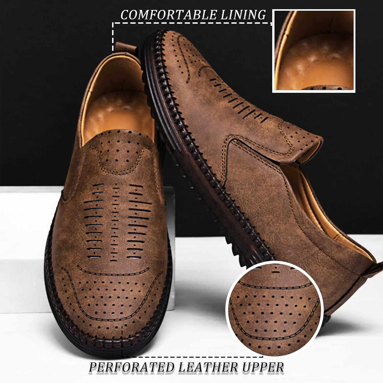 Men's Hand-Sewn Leather Flat Loafers Comfortable Cowhide Soles Non-Slip Slip-On Walking Shoes Summer Breathable Driving Shoes