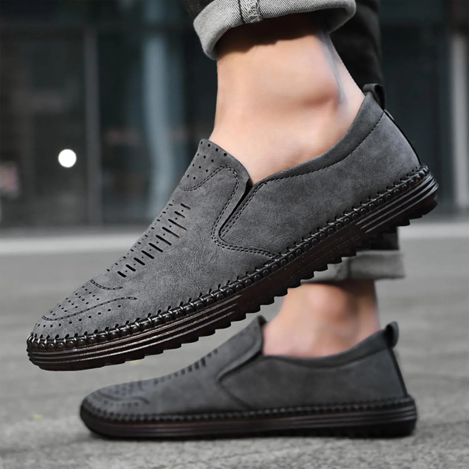 Men's Hand-Sewn Leather Flat Loafers Comfortable Cowhide Soles Non-Slip Slip-On Walking Shoes Summer Breathable Driving Shoes