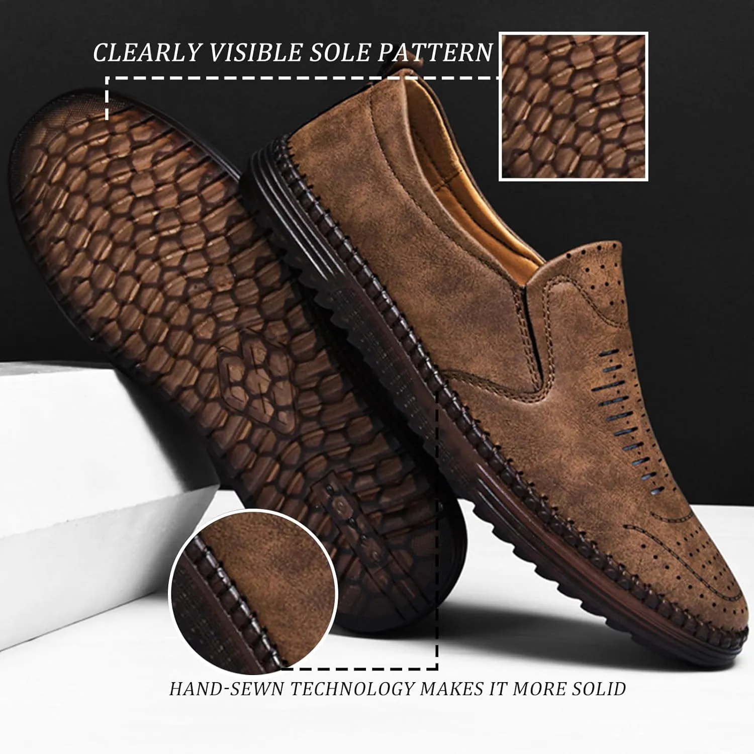 Men's Hand-Sewn Leather Flat Loafers Comfortable Cowhide Soles Non-Slip Slip-On Walking Shoes Summer Breathable Driving Shoes