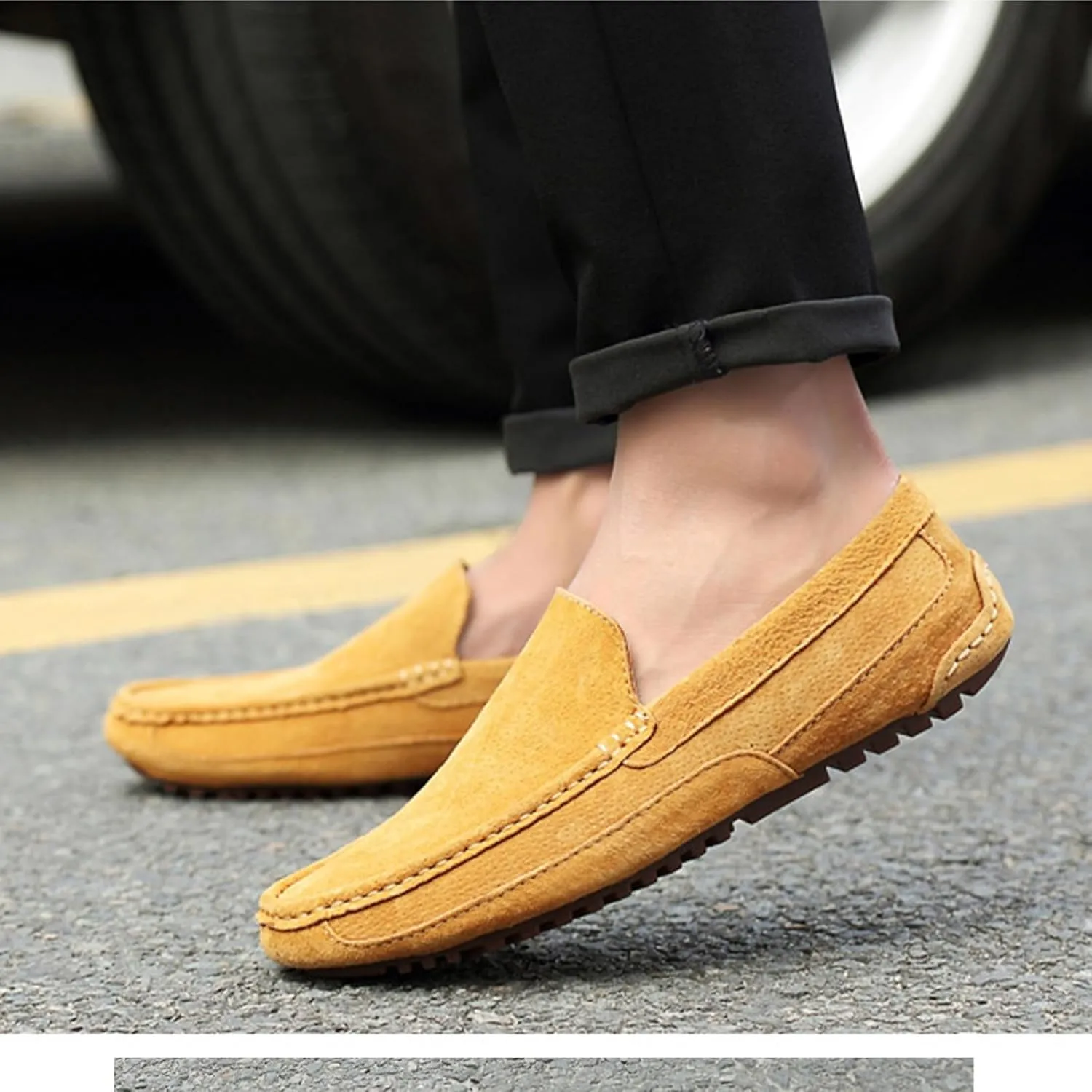 Men's Handmade Suede Wide Plain Toe Driving Penny Loafers Slip on Flat Casual Dress Boat Shoes Classic British Soft Sole Business Moccasins Formal Shoes