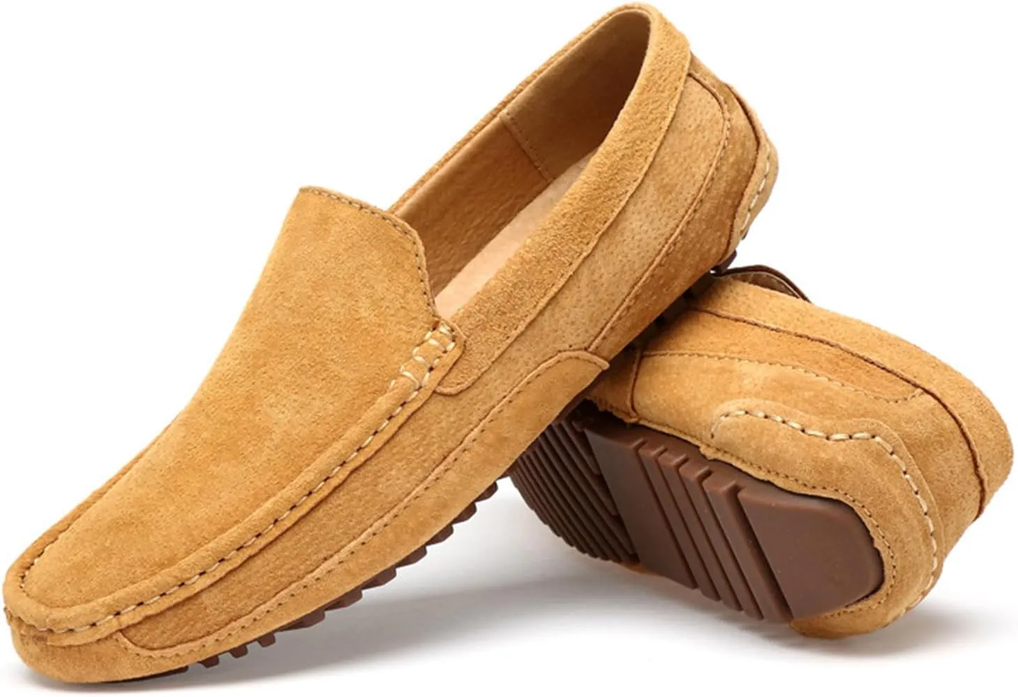 Men's Handmade Suede Wide Plain Toe Driving Penny Loafers Slip on Flat Casual Dress Boat Shoes Classic British Soft Sole Business Moccasins Formal Shoes