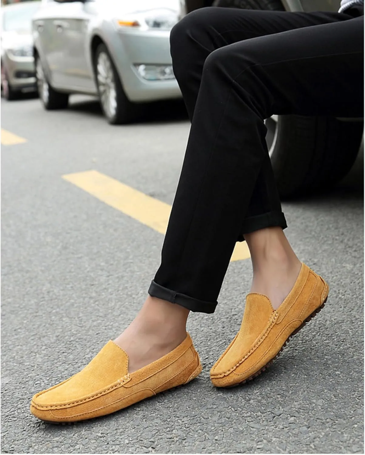 Men's Handmade Suede Wide Plain Toe Driving Penny Loafers Slip on Flat Casual Dress Boat Shoes Classic British Soft Sole Business Moccasins Formal Shoes