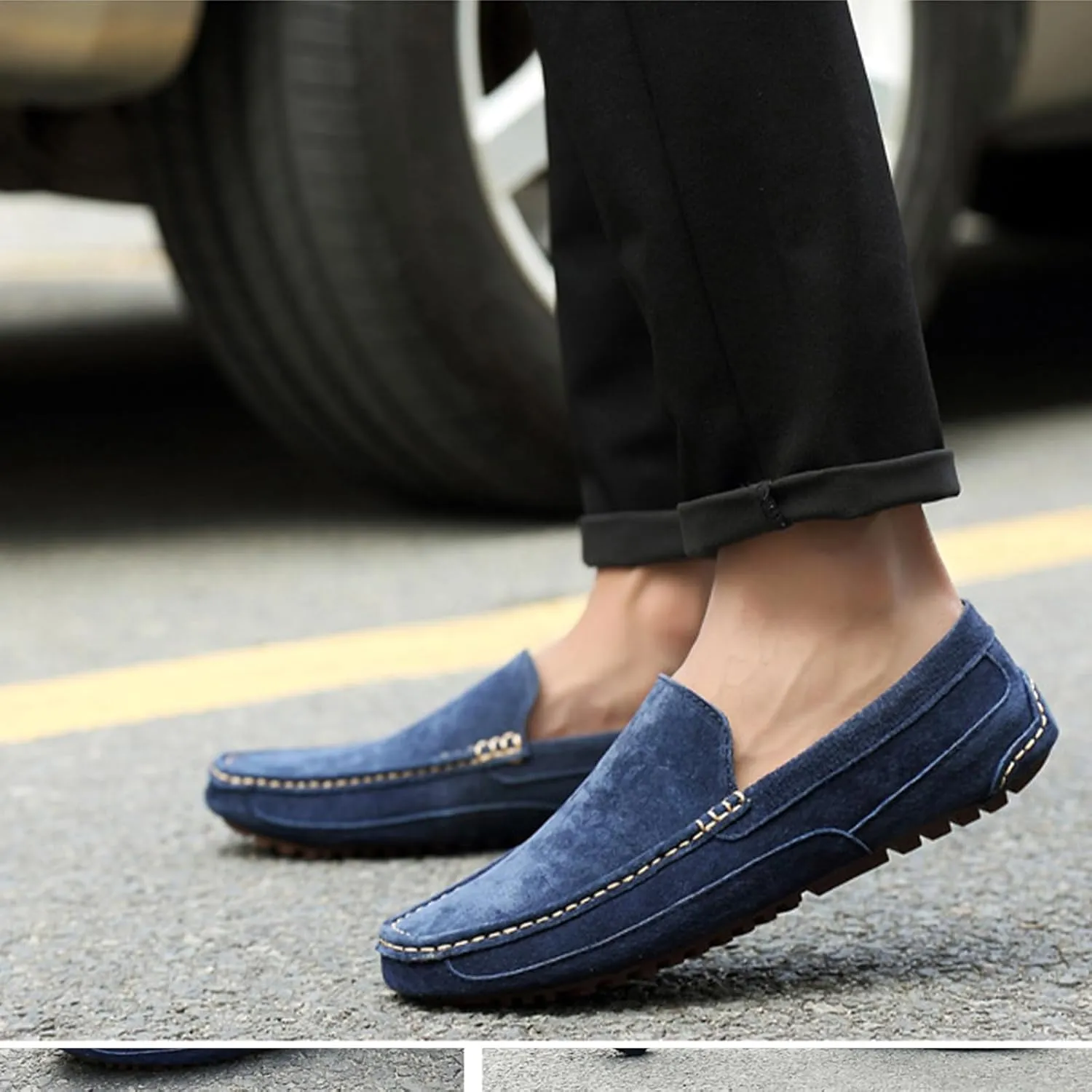 Men's Handmade Suede Wide Plain Toe Driving Penny Loafers Slip on Flat Casual Dress Boat Shoes Classic British Soft Sole Business Moccasins Formal Shoes