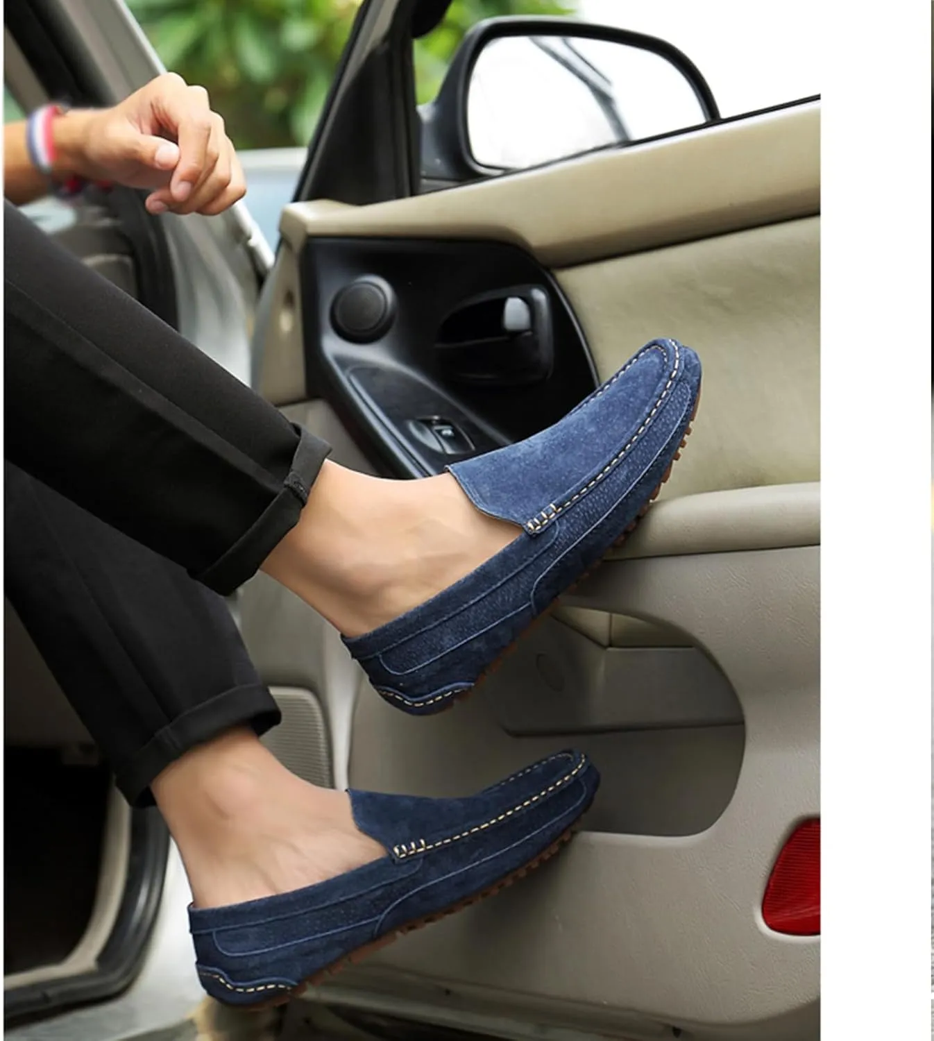 Men's Handmade Suede Wide Plain Toe Driving Penny Loafers Slip on Flat Casual Dress Boat Shoes Classic British Soft Sole Business Moccasins Formal Shoes