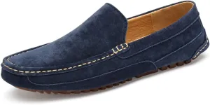 Men's Handmade Suede Wide Plain Toe Driving Penny Loafers Slip on Flat Casual Dress Boat Shoes Classic British Soft Sole Business Moccasins Formal Shoes