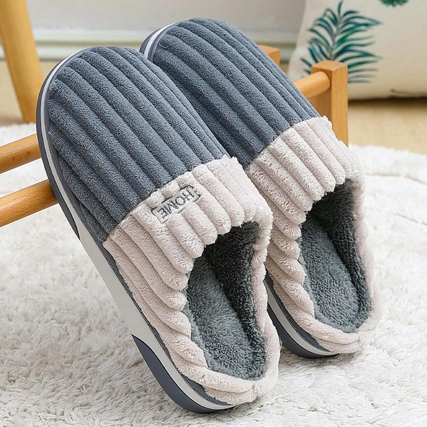 Mens Indoor Slippers Striped Plush Lined House Slippers for Men Non Slip Sort Sole Slipper Women Cotton Slippers