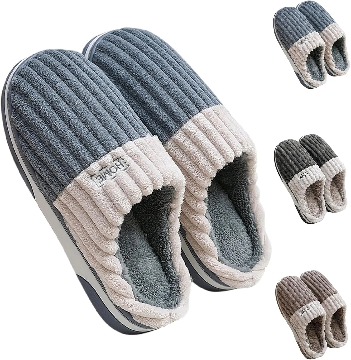 Mens Indoor Slippers Striped Plush Lined House Slippers for Men Non Slip Sort Sole Slipper Women Cotton Slippers