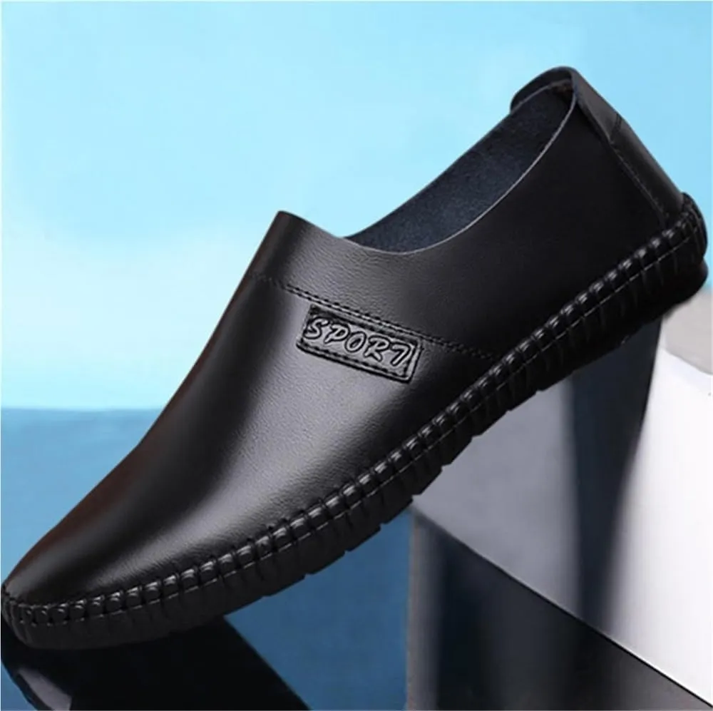 Mens Loafers Shoe Genuine Leather Round Toe Soft Breathable Slip Resistant Flat Heel Comfortable Classic Fashion Slip-ons