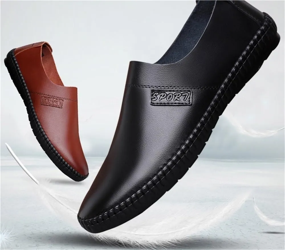 Mens Loafers Shoe Genuine Leather Round Toe Soft Breathable Slip Resistant Flat Heel Comfortable Classic Fashion Slip-ons