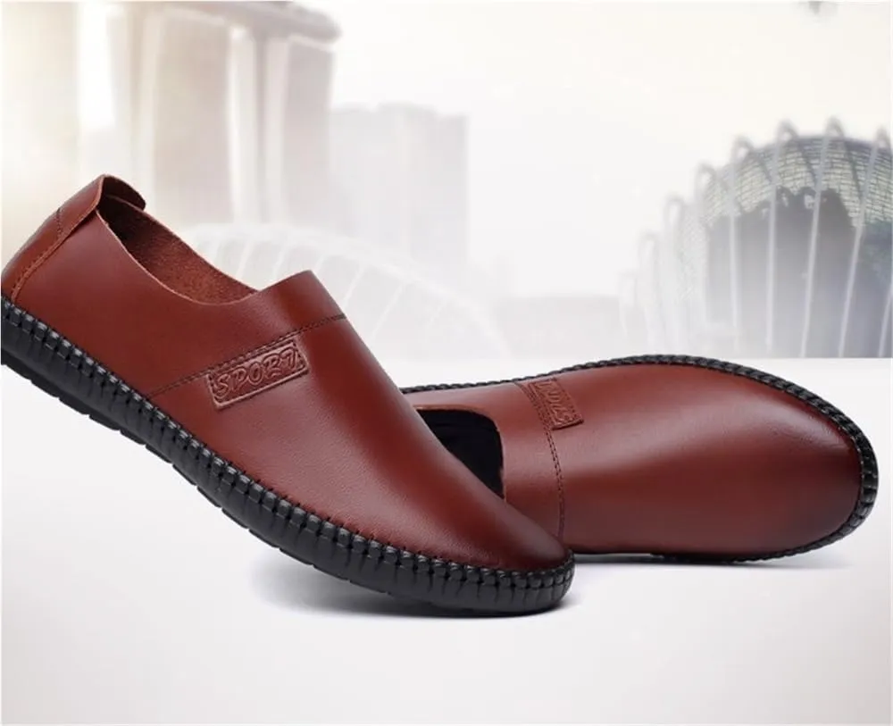 Mens Loafers Shoe Genuine Leather Round Toe Soft Breathable Slip Resistant Flat Heel Comfortable Classic Fashion Slip-ons