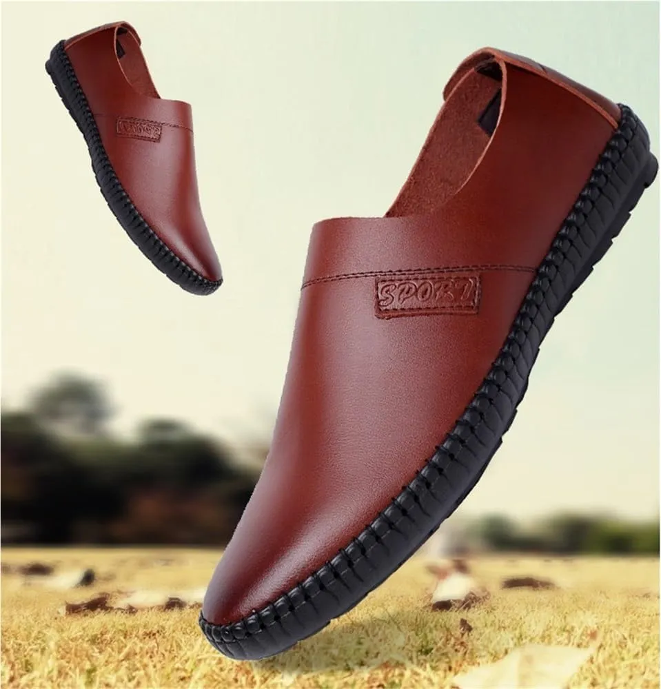 Mens Loafers Shoe Genuine Leather Round Toe Soft Breathable Slip Resistant Flat Heel Comfortable Classic Fashion Slip-ons