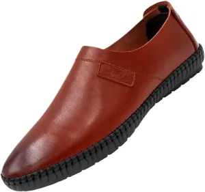 Mens Loafers Shoe Genuine Leather Round Toe Soft Breathable Slip Resistant Flat Heel Comfortable Classic Fashion Slip-ons