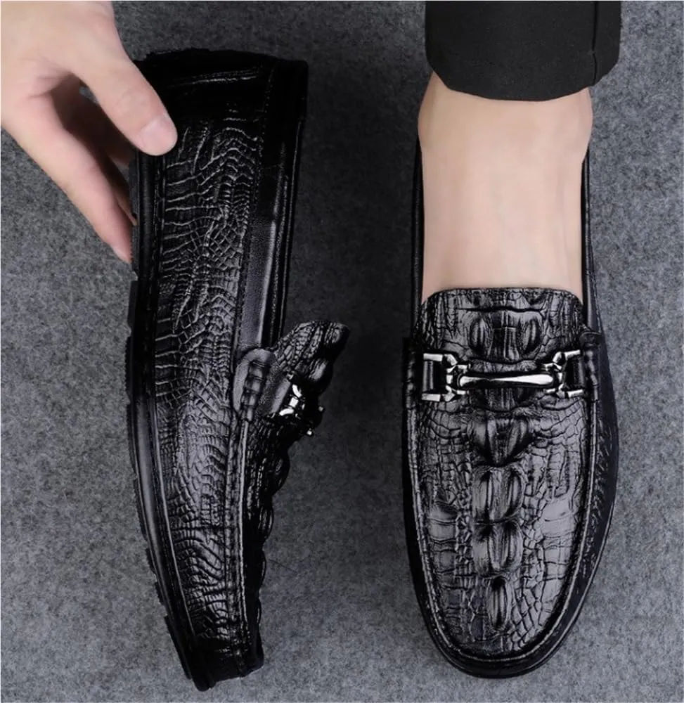 Mens Loafers Slip On Faux Crocodile Leather Driving Shoes Flat Heel Resistant Comfortable Wedding Fashion Lightweight Casual