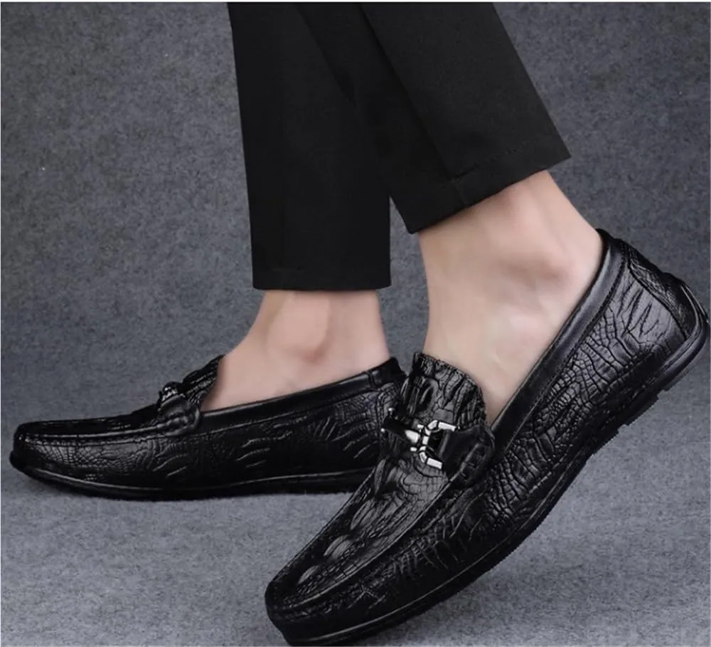 Mens Loafers Slip On Faux Crocodile Leather Driving Shoes Flat Heel Resistant Comfortable Wedding Fashion Lightweight Casual