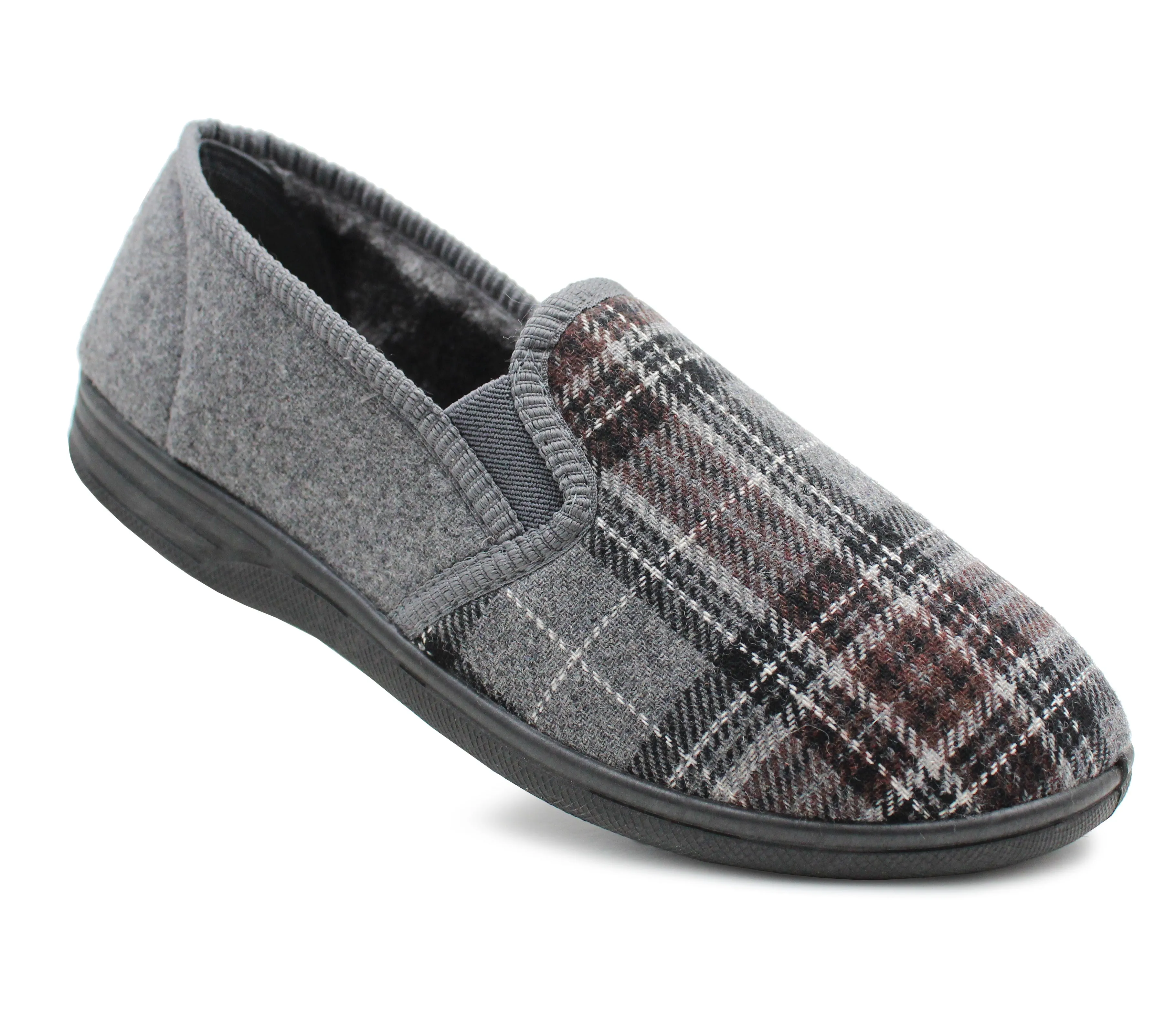 Mens Slip On Grey Check Faux Fur Lined Warm Winter Slippers
