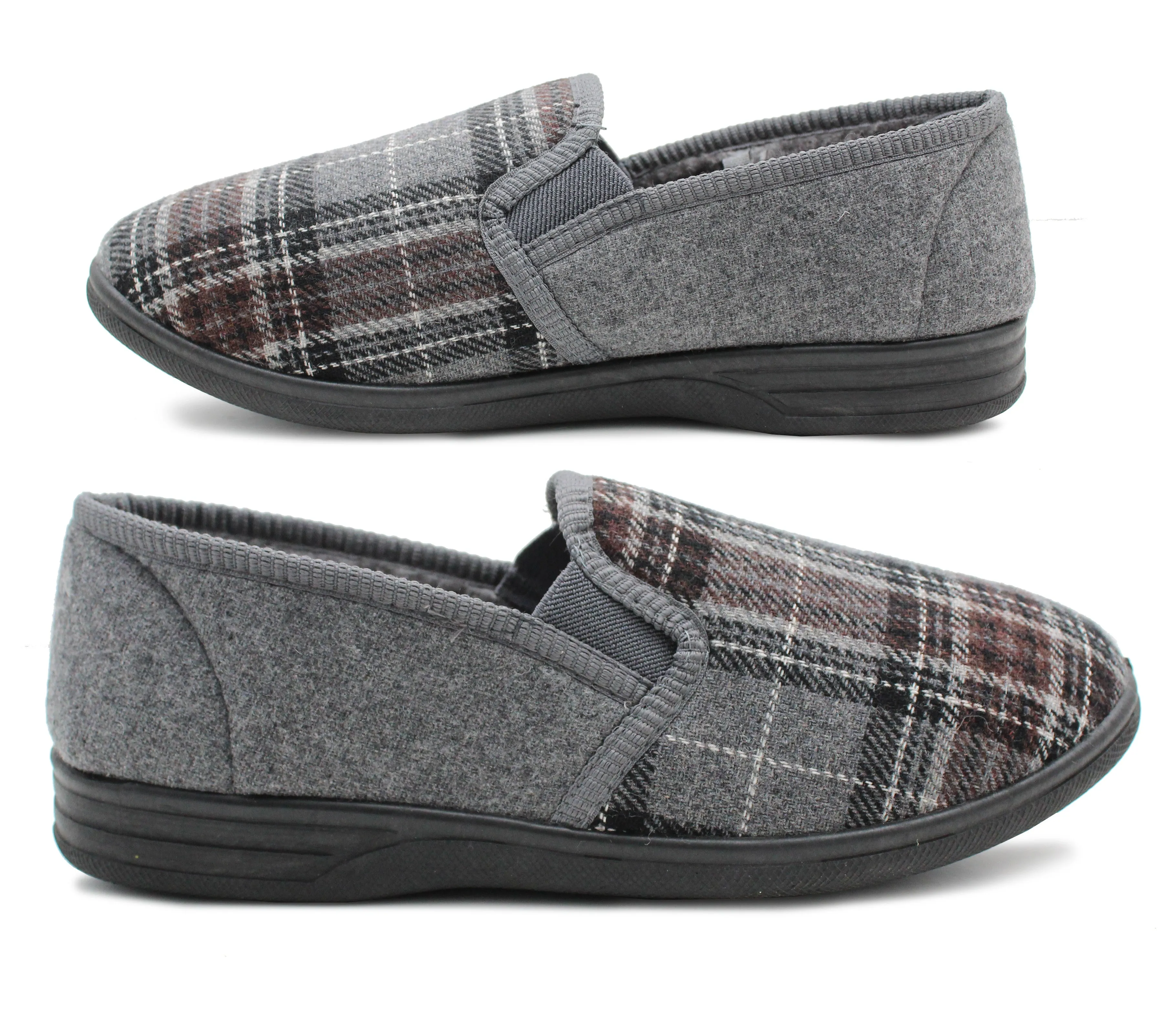 Mens Slip On Grey Check Faux Fur Lined Warm Winter Slippers