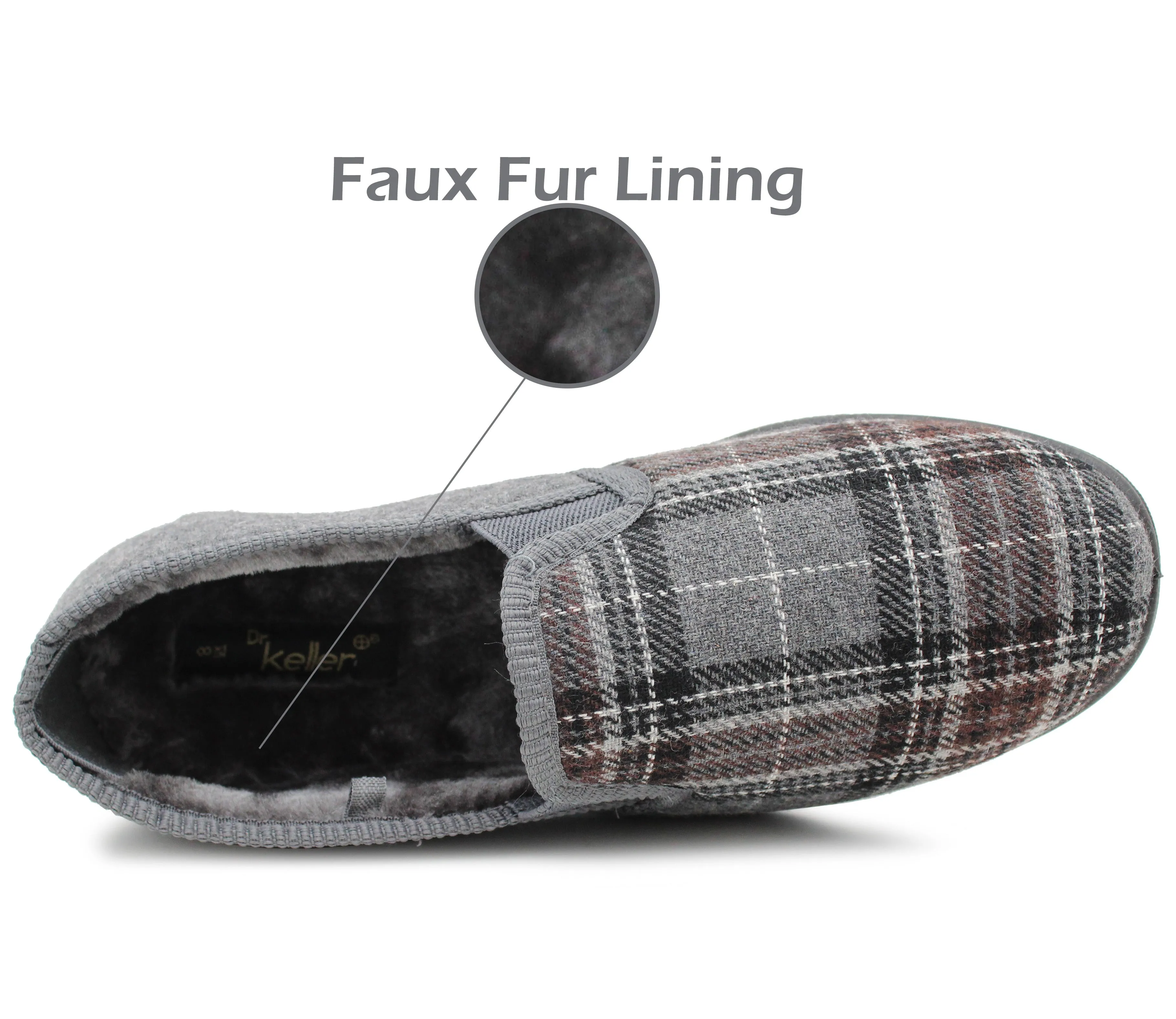 Mens Slip On Grey Check Faux Fur Lined Warm Winter Slippers