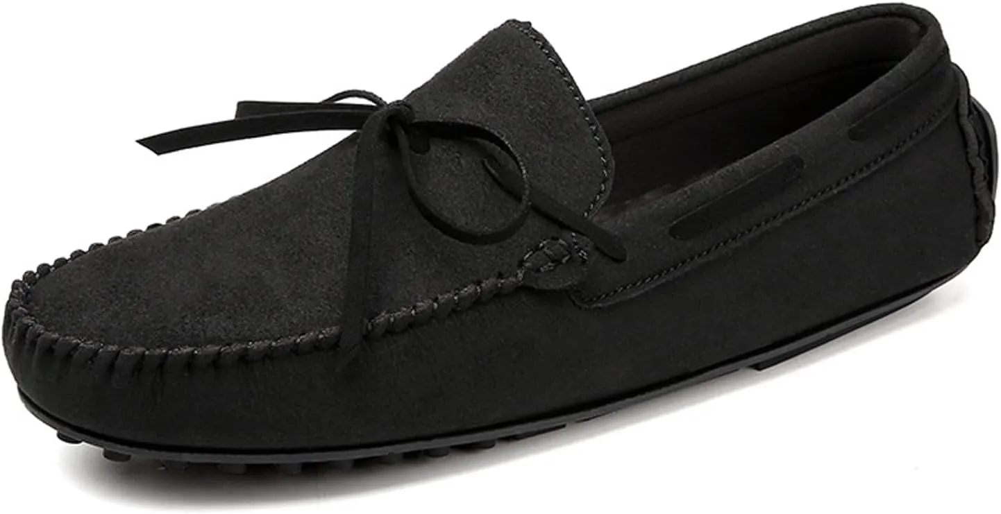 Men's Suede Leather Bow Tie Flat Loafers Classic Round Toe Non-Slip Soft Sole Driving Slip-On Business Moccasins Boat Shoes