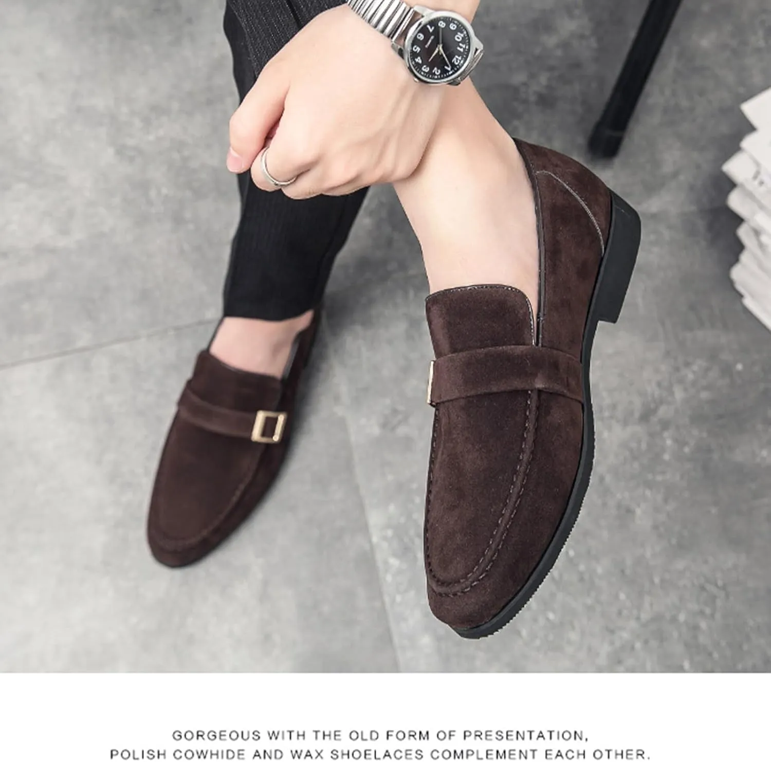 Men's Suede Penny Loafers Fashionable Metal Buckle Luxury Banquet Party Dress Shoes Comfortable Slip-On Moccasin Driving Loafers