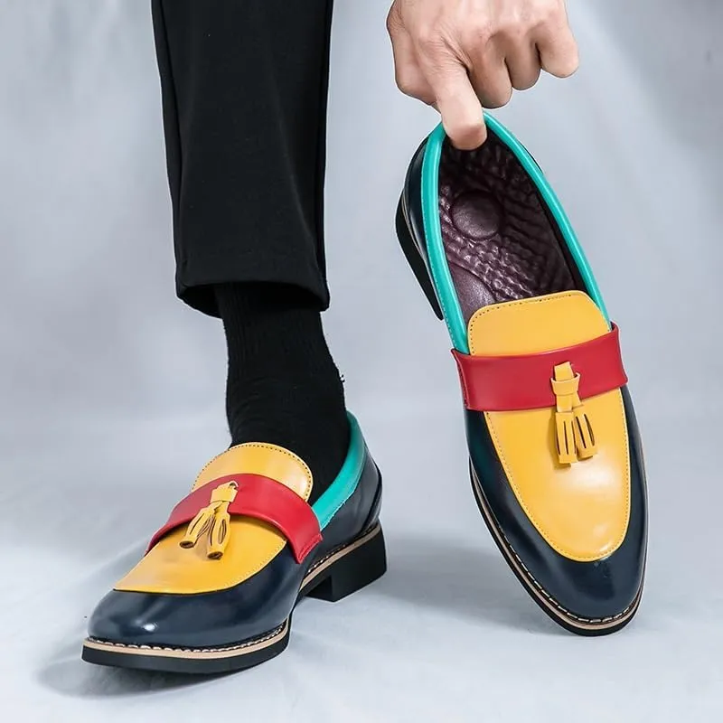 Men's Wingtip Three Tone Patchwork Brogue Oxfords Shoes Slip On Pointed Toe Classic Formal Business Shoes Casual Loafer
