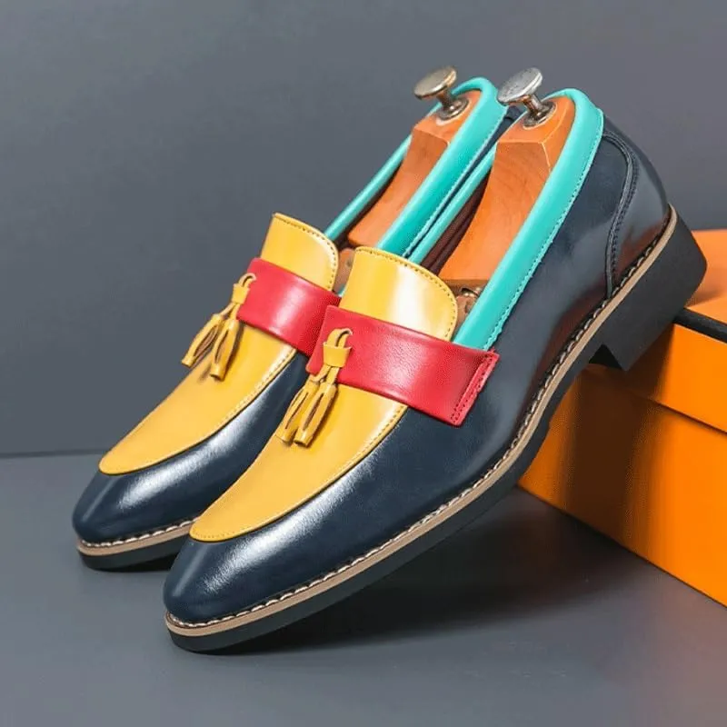 Men's Wingtip Three Tone Patchwork Brogue Oxfords Shoes Slip On Pointed Toe Classic Formal Business Shoes Casual Loafer