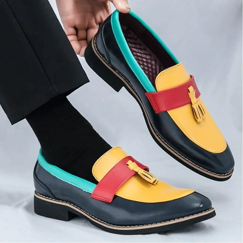 Men's Wingtip Three Tone Patchwork Brogue Oxfords Shoes Slip On Pointed Toe Classic Formal Business Shoes Casual Loafer