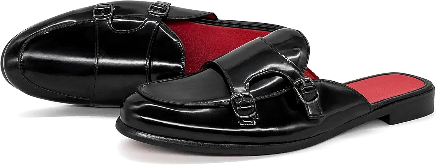 MHB Men's Mule Backless Slip-On Loafer with Monk Strap Casual Dress Sandal Shoes Patent Leather Slipper for Men Black Size 9.5