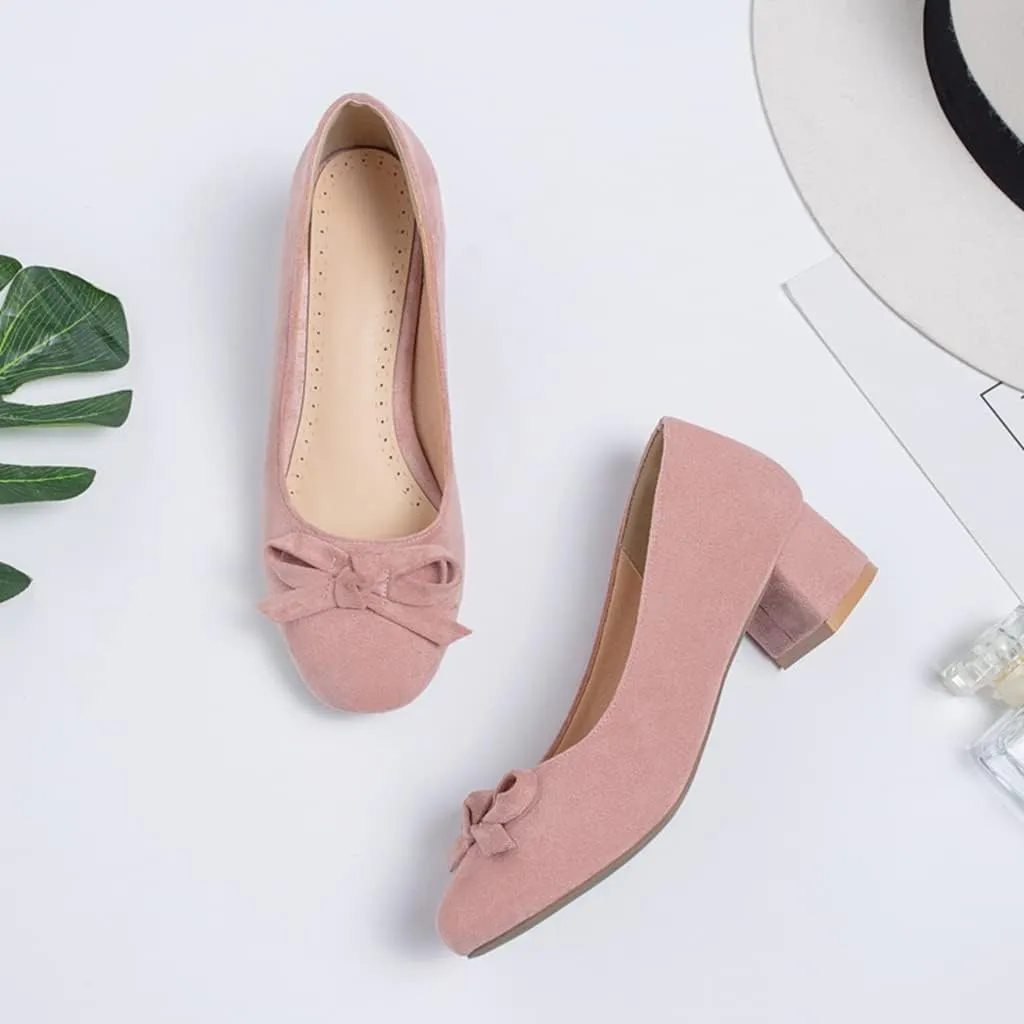 MIOKE Women's Slip-On Loafer Pump Suede Square Toe Buckle Chunky Block Mid Heel Classic Office Dress Shoes
