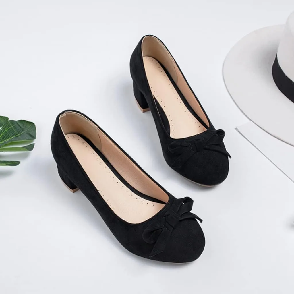 MIOKE Women's Slip-On Loafer Pump Suede Square Toe Buckle Chunky Block Mid Heel Classic Office Dress Shoes