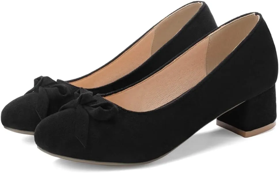 MIOKE Women's Slip-On Loafer Pump Suede Square Toe Buckle Chunky Block Mid Heel Classic Office Dress Shoes