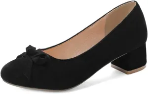 MIOKE Women's Slip-On Loafer Pump Suede Square Toe Buckle Chunky Block Mid Heel Classic Office Dress Shoes