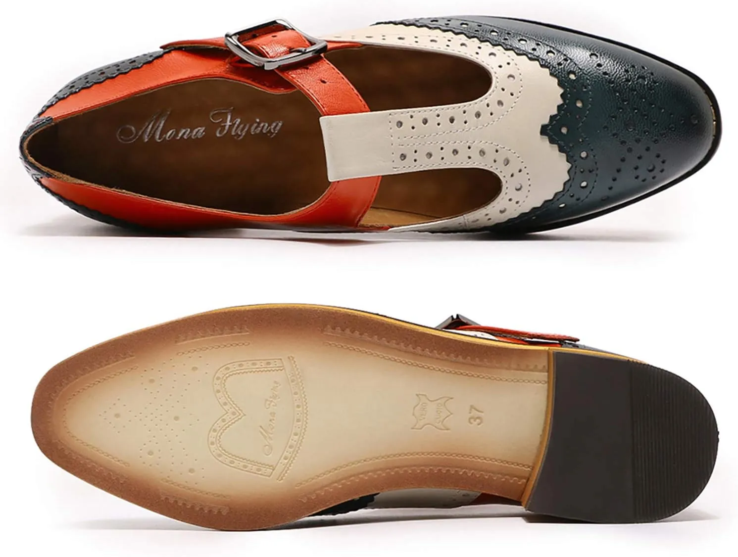 Mona flying Women's Classic Wingtip Oxfords Mary Jane T Strap Flat Leather Shoes for Ladies