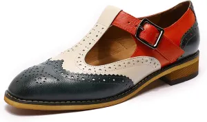 Mona flying Women's Classic Wingtip Oxfords Mary Jane T Strap Flat Leather Shoes for Ladies