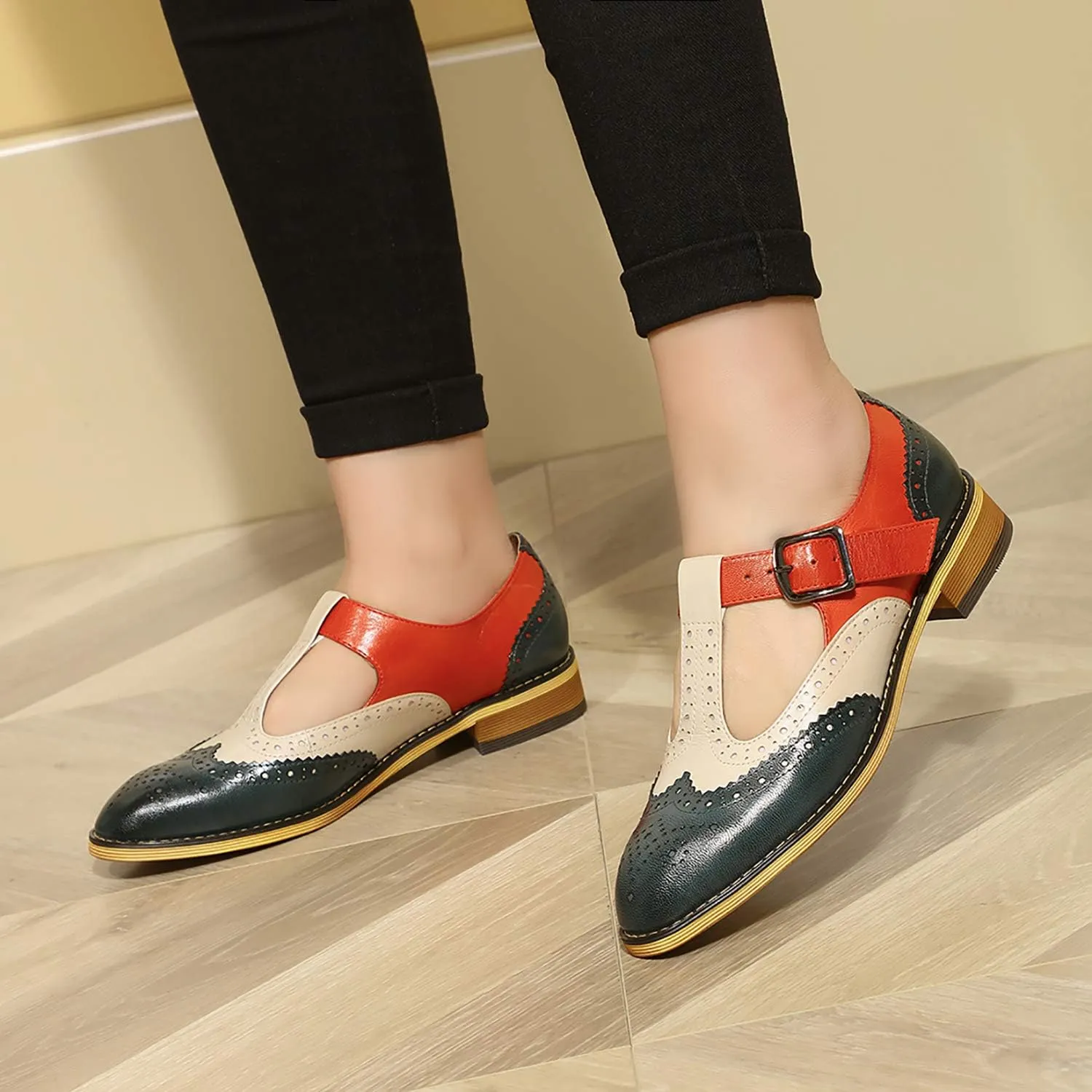 Mona flying Women's Classic Wingtip Oxfords Mary Jane T Strap Flat Leather Shoes for Ladies