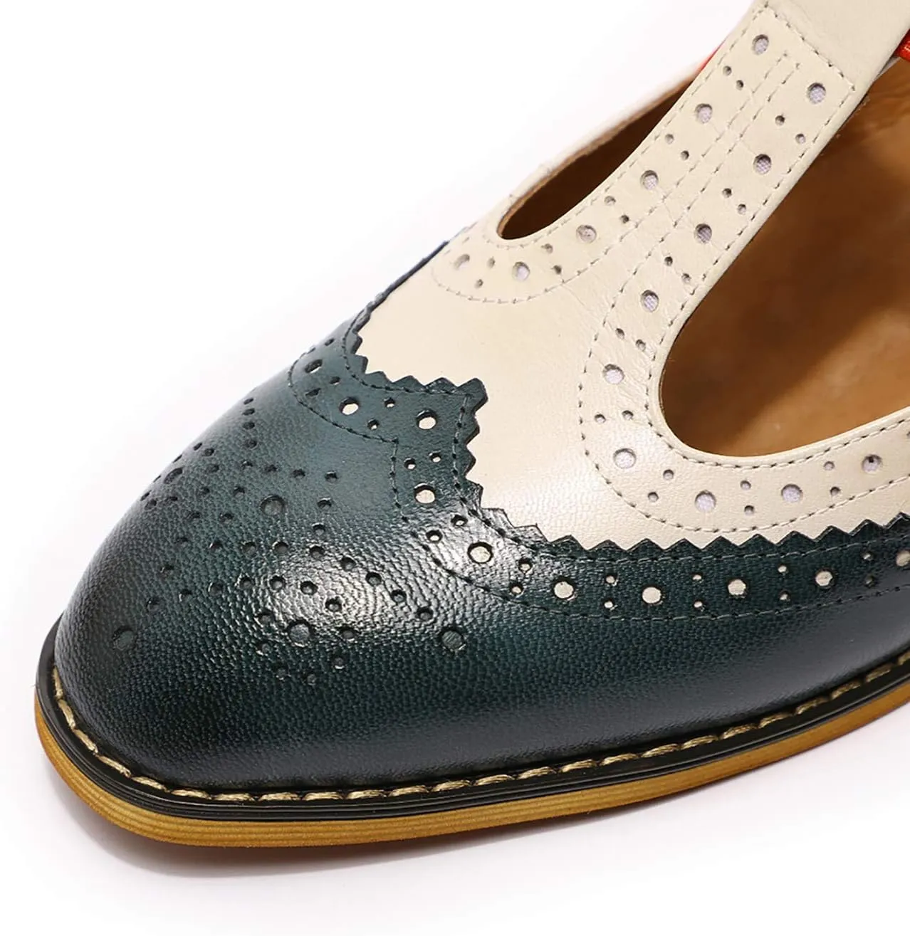 Mona flying Women's Classic Wingtip Oxfords Mary Jane T Strap Flat Leather Shoes for Ladies