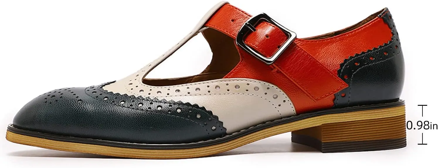 Mona flying Women's Classic Wingtip Oxfords Mary Jane T Strap Flat Leather Shoes for Ladies