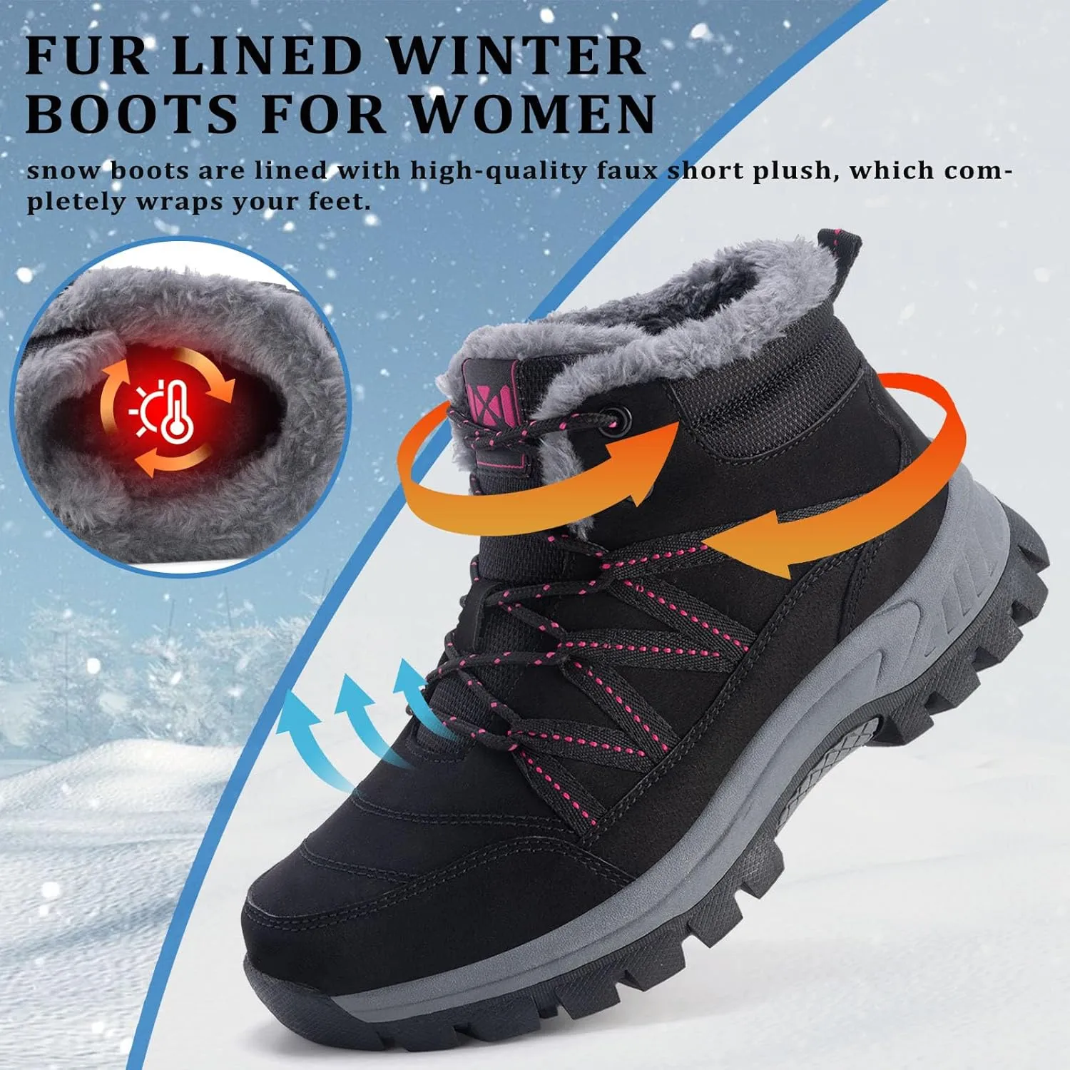 Moodeng Women Winter Boots Warm Comfortable Outdoor Ankle Boots Lace Up Hiking Boots Non-Slip Trekking Shoes