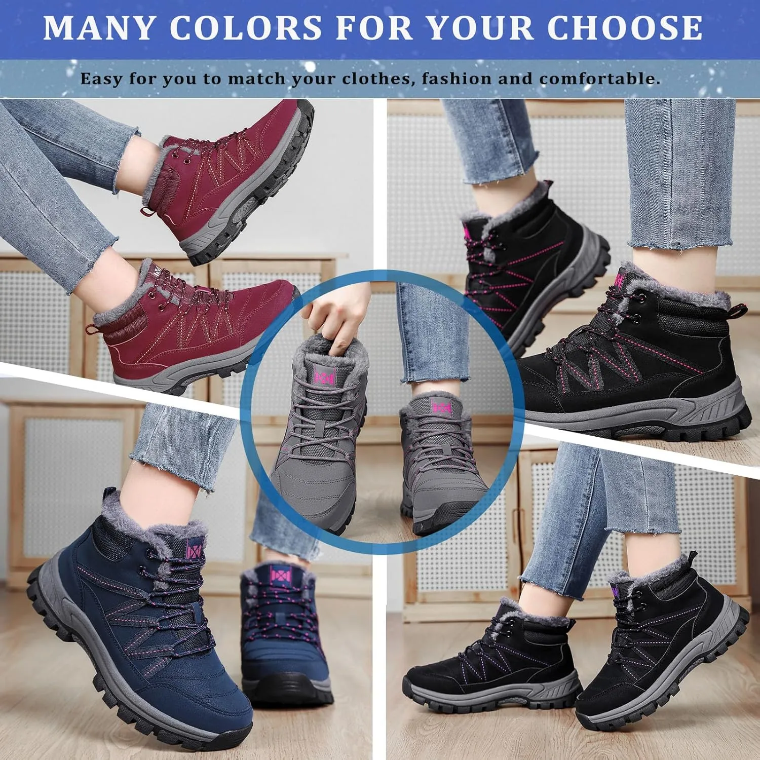 Moodeng Women Winter Boots Warm Comfortable Outdoor Ankle Boots Lace Up Hiking Boots Non-Slip Trekking Shoes